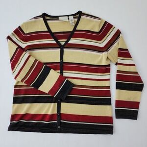 First Issue Liz Claiborne Cardigan Sweater‎ L Striped Metallic Gold Red Black
